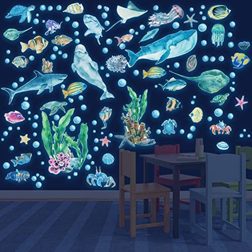 Väggdekal lysande dekal väggtatuering lysande ocean havsdjur fluorescerande väggdekal glödande havssköldpadda maneter fisk undervattensvärld för barnrum dekorativa klistermärken väggdekoration