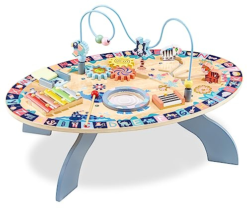 mamabrum 7-in-1 Lerntisch aus Holz – Interaktiver Montessori Aktivitätstisch für Babys ab 6 Monaten – Motorikspielzeug mit Trommel, Labyrinth & Zahnrädern (67,5 x 47 x 42 cm)