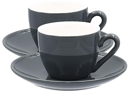 Mahlwerck Ristretto Cups, Espresso Tasse, Mokkatasse, Kaffeetasse, italienisches Design, Premium Porzellan, Gastroqualität, spülmaschinenfest, dickwandig, 80ml, 2er Set mit Untertasse, Rocky Grey