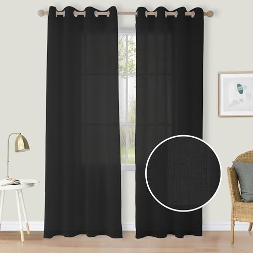 CUCRAF Leinen Voile Vorhänge mit Ösen Lichtfilterung Gardine für Schlafzimmer Wohnzimmer, Schwarz, H260 x B140cm 2er Set