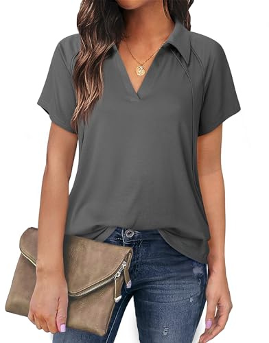 Gaharu Blusenshirt Damen Kurzarm Elegant Business Bluse Stretch Arbeitsshirt Damen Lang Blusen Damen Büro Oberteile Damen Frühling Sommer Longshirt Damen Grau Lässig Leicht Taillierte Bluse