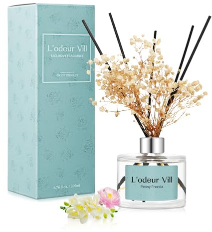 L'odeur Vill 200ml Difusor de con Flores secas/Peony Little Canglan/Ambientadores de Hogar, con 6 Palos difusores de Ambientador Varillas/difusor de Aromas/para Decoración de Baños y Estanterías.