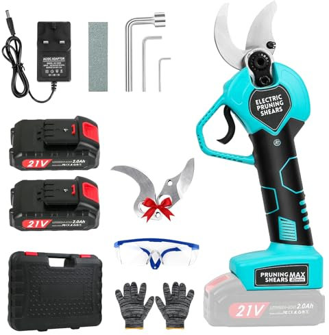 Electric Pruning Shears, Electric secateurs Cordless with 2Pcs 21V 2000mAh Rechargeable Batteries & SK5 Blade 40mm Max Cutting Diameter, Professional Garden Electric Scissors for Tree Trimming