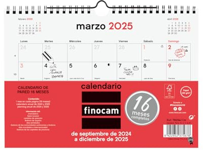 Finocam - Calendario Neutro Pared 16 Meses 2024 2025 Mes Vista Septiembre 2024 - Diciembre 2025 (16 meses) Neutro Español