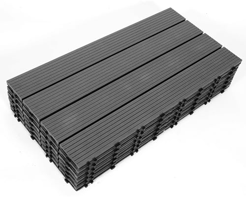 Jiubiaz WPC Terrassenfliesen Holzoptik 30x60 cm, 5m² = 30 Fliesen Klickfliesen, Balkonfliesen Bodenbelag für Balkon & Terrasse - wetterfest mit Drainagefunktion | Anthrazit