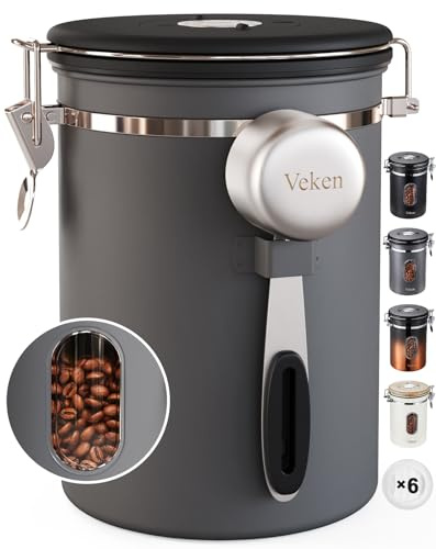 Veken Coffee Canister with Window,Airtight Stainless Steel Kitchen Food Storage Container, Date Tracker & Scoop for Grounds Coffee, Beans, Tea, Flour, Cereal,Sugar,22OZ,Grey