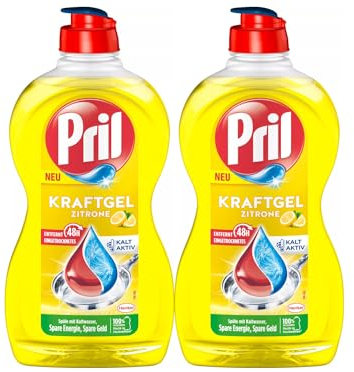 PRIL Kraft Gel Zitrone (2x 450 ml), Handgeschirrspülmittel mit höchster Fettlösekraft, für sauberes Geschirr auch in kaltem Wasser, frischer Zitronenduft