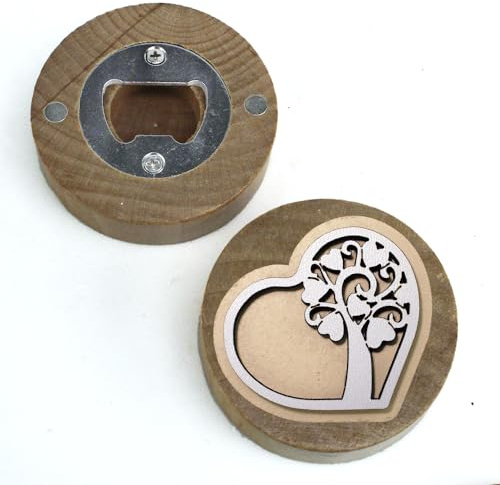DLM 35206 (Kit 12 Pezzi) Apri Bottiglie Apribottiglie con Calamita Moderno Design Tondo in Legno Cuore Albero della Vita Nascita Anniversario Comunione Matrimonio Nozze bomboniera