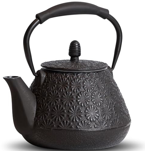 MILVBUSISS Gusseisen-Teekanne, 950ml Japanisches Kirschblütenmuster Teekessel, Herdtauglich, Infuser für Losen Tee & Kaffee, Silikon-Griff, Emailliertes Innenleben, 32oz Schwarz
