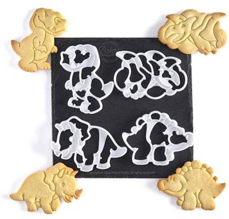 Lot de 4 Emporte-pièces Dinosaures | T-Rex, Tricératops, Stégosaure & Ptérodactyle | Biscuits Maison & Anniversaire Dinosaure | Recette Offerte | Fabriqués en France | Bakers’Tricks