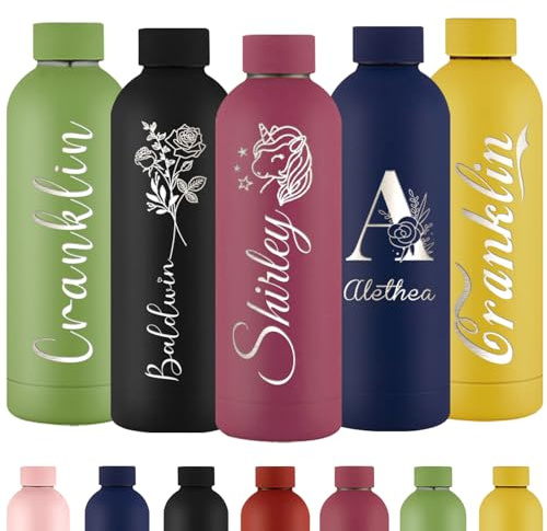Personalisierte Trinkflasche Gravur Wasserflasche mit Namen Individuell Rostfreier Edelstahl Metall 500 ml Thermosflasche für Schule Büro Sport