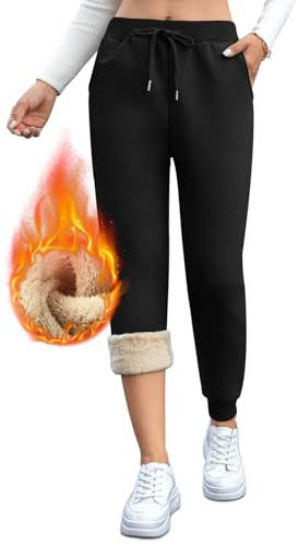 Vorvowry Fleecefodrade joggingbyxor för kvinnor, fluffiga sherpa-byxor, varma termiska träningsbyxor, vinter, tjocka träningsoverall, byxor, dragsko fickor för damer, löpning, fitness, Legging svart,