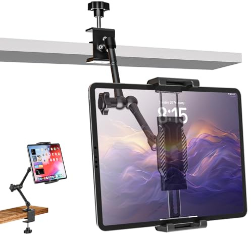 woleyi Tisch Küche Tablet Halterung - Geeignet für Tisch & Schrank Montage | Unterschrank Tablet Klemme mit Verstellbarer Metall Arm für iPad Pro Air Mini, Galaxy Tab Ultra, Switch, 6-14.6 Geräte
