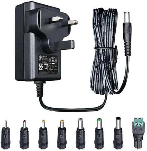 UKCA 12V 2A 24W 1.8M Power Supply Adapter with 8 Tips, 2000mA 1A 1.5A 0.5A AC DC Transformer 5.5x2.1mm Plug for LED Lights, Routers, Cameras, Speakers, Monitors, DVR NVR
