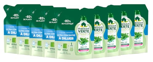 Maison Verte - Liquide Vaisselle - L'Ultra Concentré à Diluer - Basilic-Thym & Huiles Essentielles - Dégraissant à Froid - Adapté aux Peaux Sensibles - Prêt en quelques minutes - 9x150ml