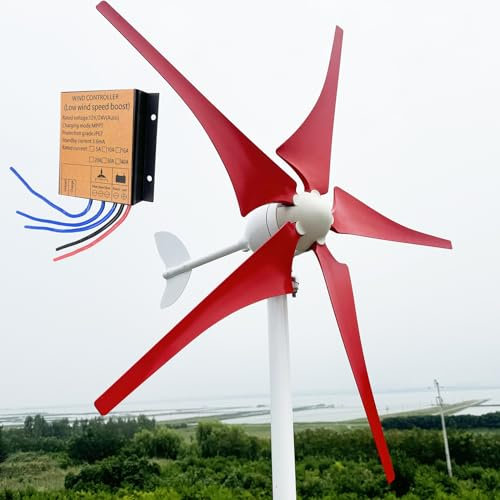 ZHOZHUT 12V / 24V / 48V Turbina Eólica 800W / 1000W / 1200W Pequeños Aerogeneradora De Viento Horizontales con Controlador MPPT Y 5 Aspas Rojas, Turbinas De Viento para Carreteras Y Barcos,1000w,12V