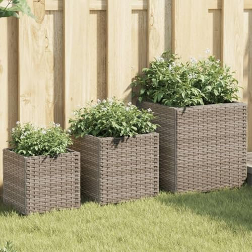 Homgoday Lot de 3 jardinières surélevées, bac à fleurs, bac à fleurs, bac à plantes, jardinière, jardinière pour jardin, terrasse, gris, polyrotin
