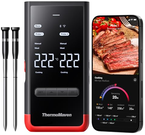 ThermoMaven P2 Smarte Fleischthermometer Kabellose – 152m Bluetooth 5.3, 2 Sonden 6 Sensoren, Unbegrenzte WLAN Überwachung Stabilität, IPX8 Wasserdicht, Grill Ofen Küche Lebensmittel Heißluftfritteuse