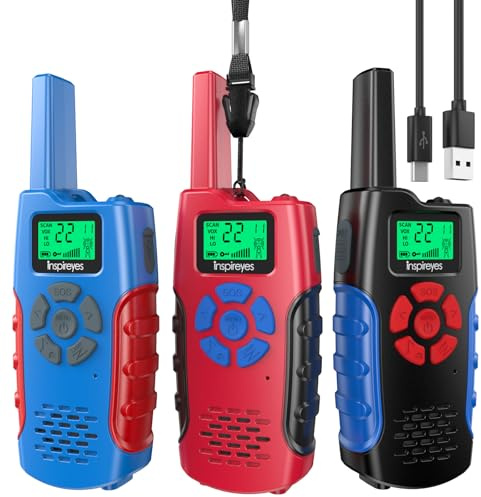 Inspireyes Walkie Talkies Niños Recargables, Pack de 3, Regalo Niño Niña | 48 h de autonomía, largo alcance, VOX manos libres, linterna, camping, senderismo, regalo de cumpleaños y Navidad