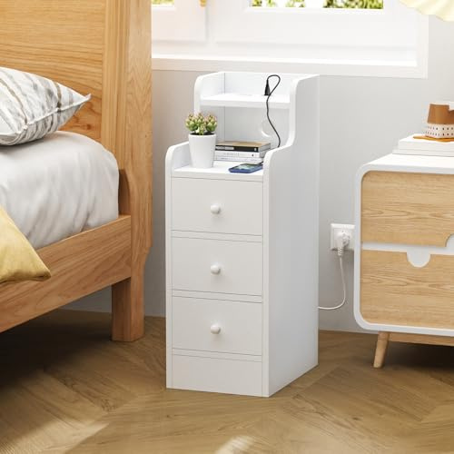 Chleby Comodino Stretto, Comodino Bianco, con 2 Prese AC, 2 Porta USB-C, Comodini con Presa Alto Tavolino con 3 Cassetto, 25x35x70cm Bianco
