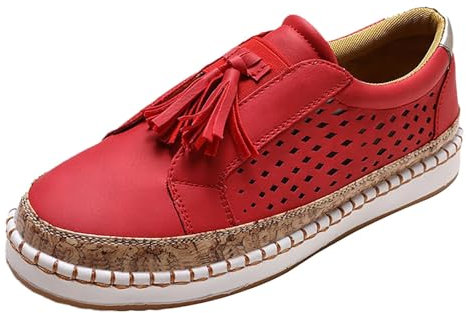 Zapatillas deportivas para mujer, antideslizantes, con plataforma, informales, planas, transpirables, para exteriores, con cordones, alpargatas, rojo, 41 EU