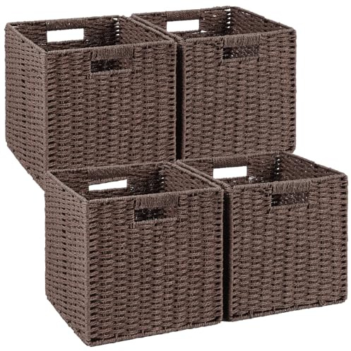 Woven Wicker Storage Baskets 4-Pack, 11x11 Handwoven Paper Rope Organizer Bins, Foldable Cube Storage Cubes with Built-in Handles for Shelves and Closet Organization(Dark Brown）