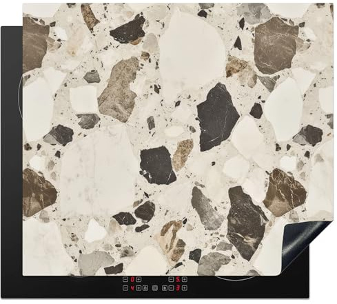 KitchenYeah© Herdabdeckplatte 60x52 cm Einteilig Küche Herdabdeckung Induktionsfeld Ceranfeld Herdabdeckplatten Vinyl Matte Aufrollbar Neutral - Steine - Dekoration - Terrazzo