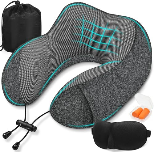 SOMLAW Nackenkissen Flugzeug - Reisekissen 100% Memory Foam - Tragbares Flugkissen - mit 3D-Schlafmaske und Ohrstöpsel - Ideal für Flugzeugstuhl, Auto, Zuhause, Büro, Schlafkissen