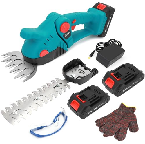 Akku Strauchschere 21V, 2-in-1 Handheckenschneider, 1260 U/min Elektrischer Kabelloser Buschschneider für Garten & Rasen, inkl. 2×2500mAh Akkus & Ladegerät (Blau)