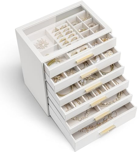 Vlando Schmuckkästchen Groß, Schmuckkasten mit 6 Ebenen, Schmuck Organizer mit Glasdeckel, 6 Schubladen,für Halsketten, Ohrringe, Uhren, Armbänder, Schmuckaufbewahrung, Modern, Cinderella Plus, Weiß