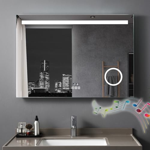 MEESALISA LED Badspiegel mit Beleuchtung 100x70 cm, Bad Spiegel Groß badezimmerspiegel mit Steckdose + Uhr und Bluetooth Touch Dimmbar Warmweiß/Kaltweiß Licht Antibeschlag Wandspiegel