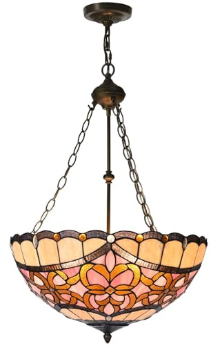 Bieye L12004 Tiffany-Style Stained Glass Baroque Ceiling Pendant Light, 3-Light Hanging Ceiling Fixture with Adjustable Chains (Pink, 20 inches Wide)