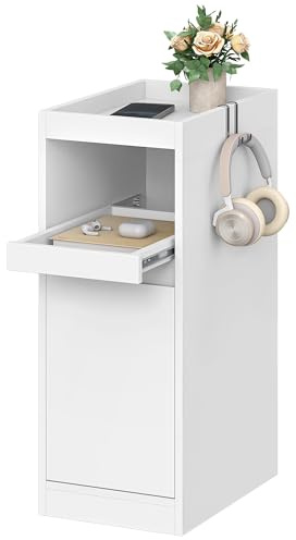 HEXCELEN Table de Chevet, Table de Nuit avec Plateau, Tables d'appoint étroite avec 1 Porte, Tables d'appoint avec 2 Crochets, pour Chambres à Coucher, Salons, Moderne Blanc 35 × 24 × 64 cm