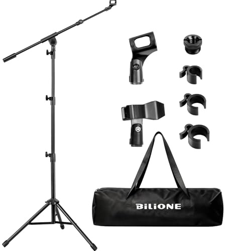 BILIONE Tripod Boom Sheet Microphone Stand, Featuring Metal Extendable Adjustable Boom Arm and Storage Bag, Suitable for Performances, Speeches, Singing and Outdoor (Floor-standing)