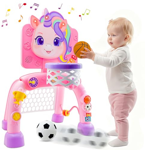 MEDMHSMA Basketball Hoop Soccer Goal Set, Baby Sports Toy with Music Light, Indoor Outdoor Toys for 1 2 3 Year Old Kids, 1st Birthday for Toddlers Boys Girls