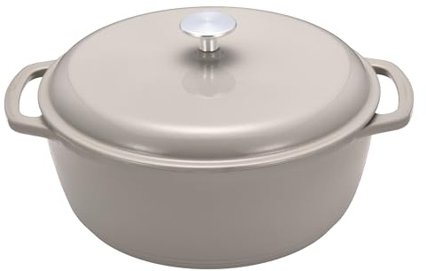 Amazon Basics Cazuela Redonda de Hierro Fundido Esmaltado con Tapa, 6,9 L, Gris lino