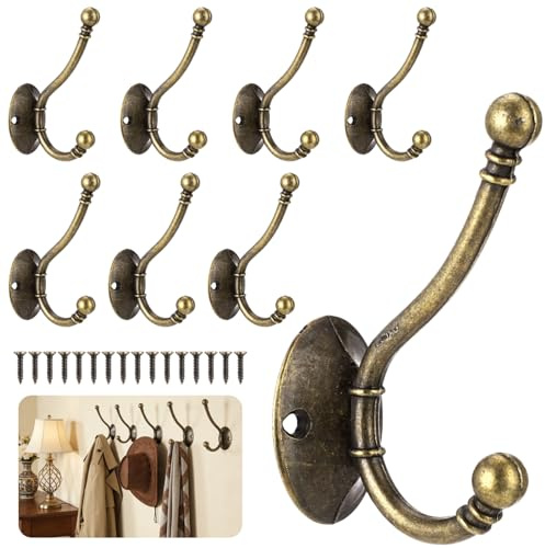 Calolin 8 Pcs Brass Coat Hooks, Vintage Wall Mounted Double Prong Robe Hooks, Sturdy Antique Design, 3.98 x 2.64 x 1.33 in, for Wooden Cabinet Doors, Bedroom, Bathroom & Entryway