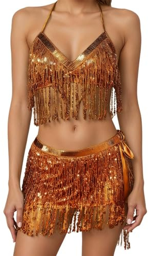 Conjunto de mujer genérico de 2 piezas con lentejuelas de cuello halter con flecos para danza del vientre, top con lentejuelas con cuello en V, sexy chic y falda corta festiva brillante para fiestas