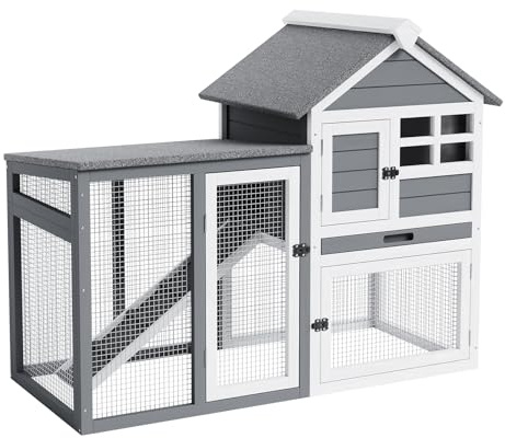 Hühnerstall Hühnerhaus aus Holz 1150 x 510 x 930 mm, Freilaufgehege mit 2 Ebenen, 4 Türen, Nistkasten, Wasserfestem Dach, Auslauf, Rampe, Hühnergehege für Garten, Grau-weiß
