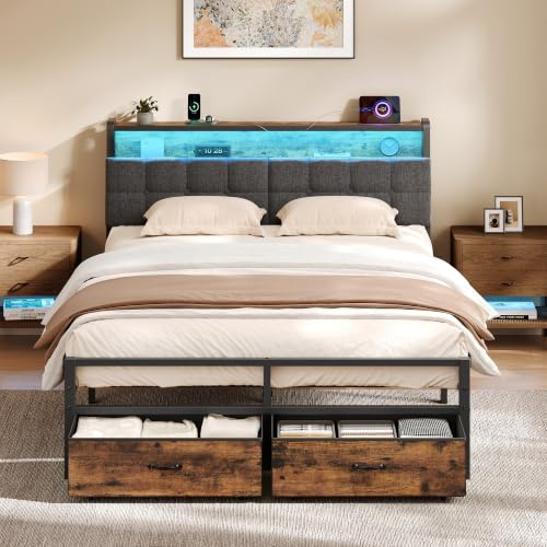 VASAGLE Cadre de Lit 140 x 190 cm avec 2 Tiroirs, LED, Station de Charge, en Métal, Tête de Lit Rembourrée avec Espace de Rangement et Panneau Arrière, Noir d'encre et Marron Rustique RMB123G101-01