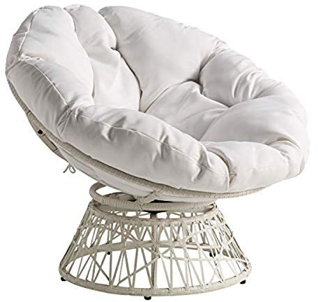 OSP Home Furnishings Wicker Papasan Chair with 360-Degree Swivel, White Frame with White Cushion
