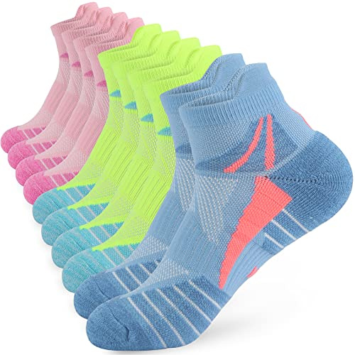 ouhos 5 Pairs Womens Running Trainer Ankle Socks Breathable Cushioned Cotton Anti Blister Work Support Low Cut Sports Socks for Gym Walking Hiking Cycling Multipack UK Size 4-7