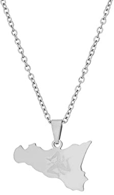 Sizilien Karte Anhänger Halsketten – Ethnisches Muster Flagge Region Sizilien Karten Schlüsselbeinkette Halsketten Charm Hip Hop Trendy Schmuck für Damen Herren Pullover Kette, Silber, 50 cm