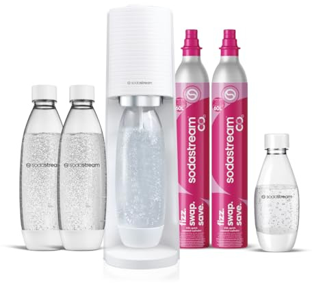 SodaStream Gasatore d’acqua Terra bianco include 2 cilindri di Co2 per realizzare fino a 60 Litri di acqua frizzante, inclusa due bottiglie da 1 L e una bottiglia da 0,5L lavabili in lavastoviglie