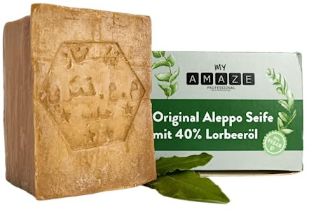 myAMAZE ORIGINAL Aleppo Seife 40% Lorbeeröl 60% Olivenöl, 200g | Naturseife/Handseife/Duschseife/Haarseife/Vegan/Plastikfrei/Handmade/Traditionelle Herstellung
