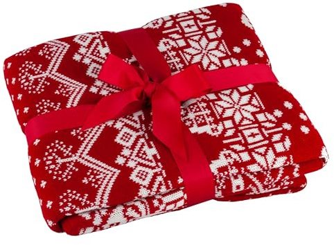 Deco4Me Strickdecke Weihnachten, Rot-Weiß, 130 x 170 cm - Kuscheldecke aus 100% weichem und flauschigem Acrylstoff - Tagesdecke
