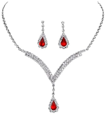 CCAIPU Rhinestone Necklace Bracelet Earrings Jewellery Set for Women, Adjustable Rhinestone Necklace Tennis Bracelet Dangle Earrings Bridal Wedding Sets Gifts for Ladies Girls (B-Red)