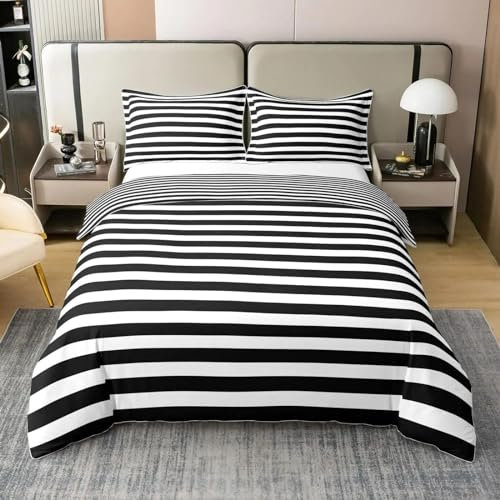Schwarz-weiß gestreiftes Bettbezug-Set, minimalistisches, weiches Schlafzimmer-Dekor, Bettwäsche-Set mit Kissen, King-Size-Queen-Bettbezug 200 x 220 cm/40 x 80 cm x 2