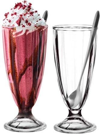 binsakao Lot de 2 verres à milkshake, fontaine à soda avec cuillères, milkshake, crème glacée et soda (342 ml, transparent)