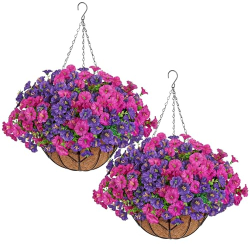 ASTNIC 2Pcs Artificial Hanging Baskets Outdoor Artificial Flowers Mix2Color | Faux Eucalyptus Morning Glory Fake Hanging Plant Spring Silk Flowers DIY Chain Hanging Basket for Garden Ornaments Outdoor